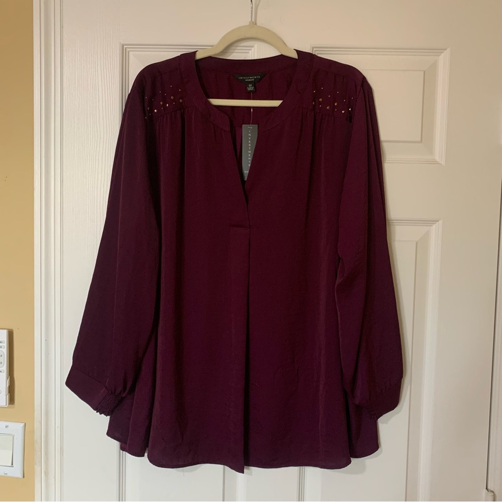 Investments Deep Purple Long Sleeve‎ Rhinestone Studded Blouse
